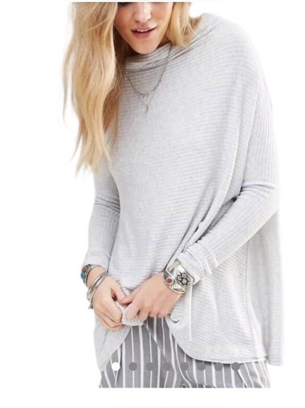 We The Free Light Gray Ribbed Cowl-Neck Sweater